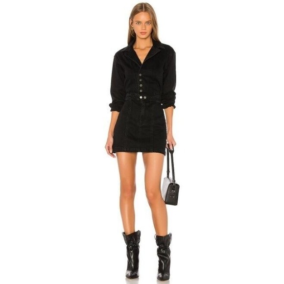 Grlfrnd Dresses & Skirts - GRLFRND Womens Black Margo Denim Dress Button Distressed Stretch Dress Sz Small